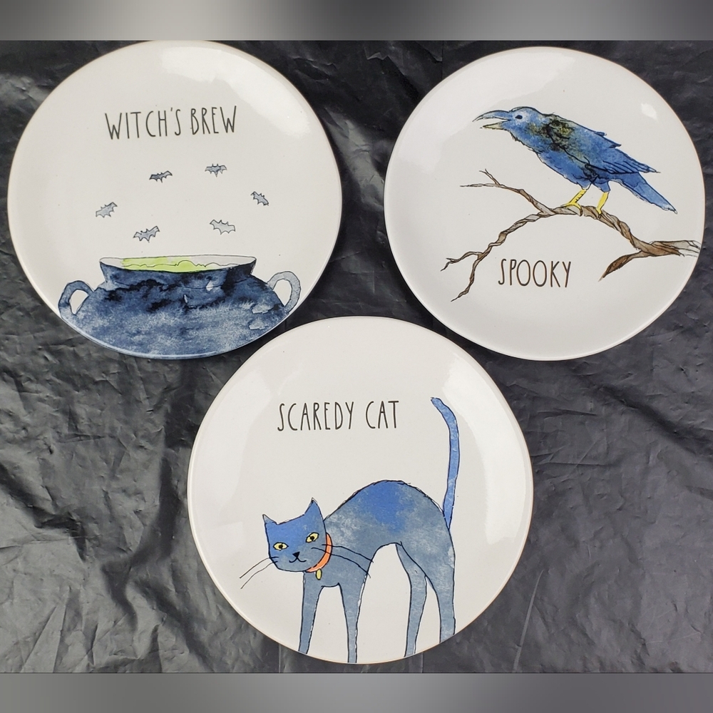 Rae Dunn Magenta Scaredy Cat Spooky Witch's Brew 6” Salad Plates Halloween NWOT